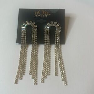 Noir Jewelry Long Fringe Drop Rhinestone Earrings Gold Tone